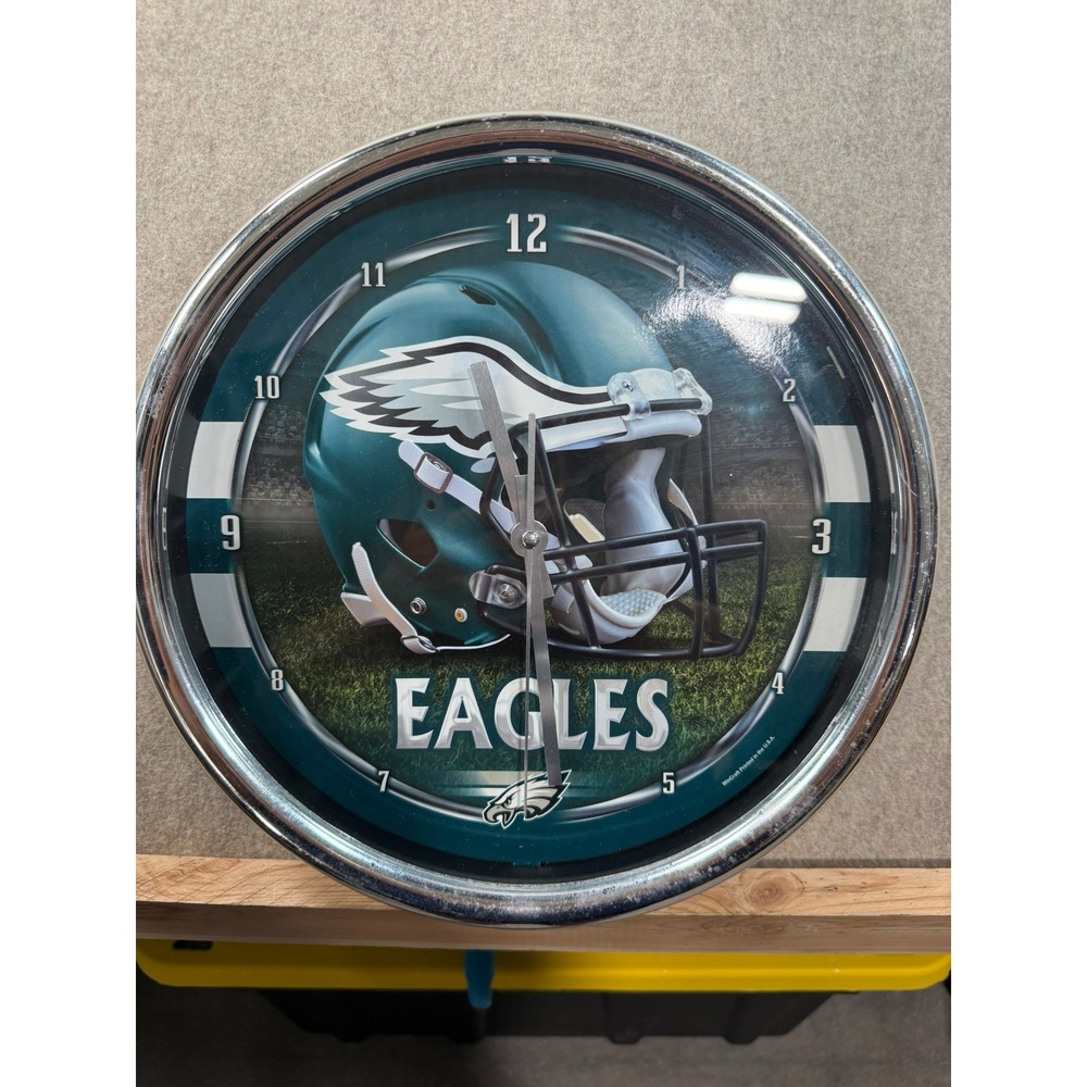 Philadelphia Eagles NFL Wall Clock WinCraft Chrome Rim Football Fan Cave Decor